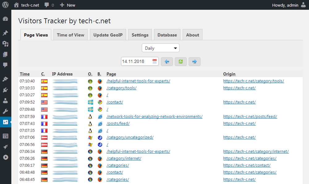 The «Page Views» tab shows the visitors including IP-address, browser, operating system, requested page as well as the originate page.