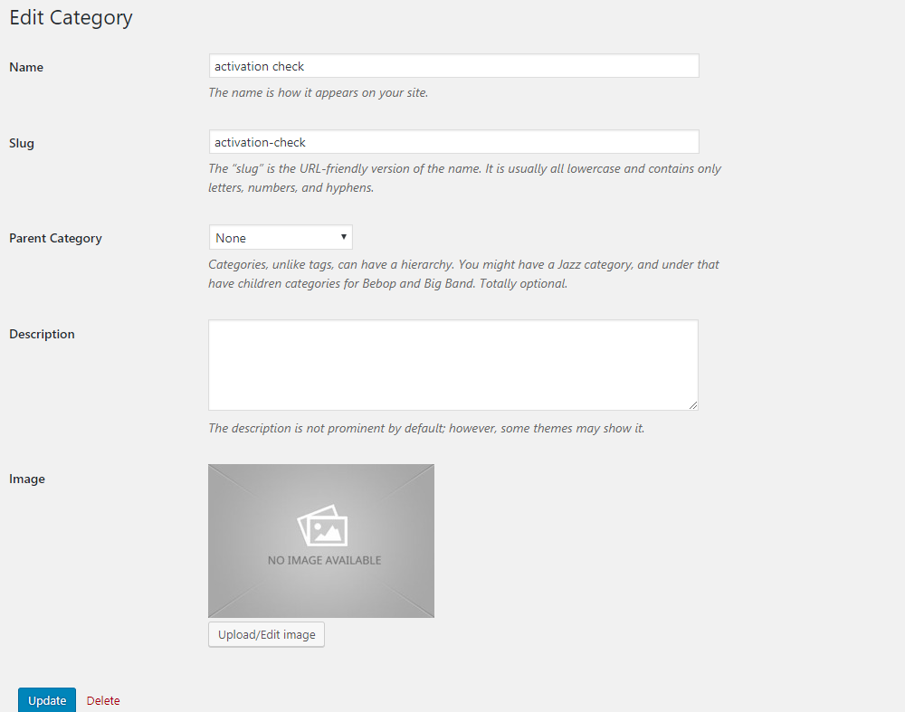 Edit a category page where you can edit/add image to a category