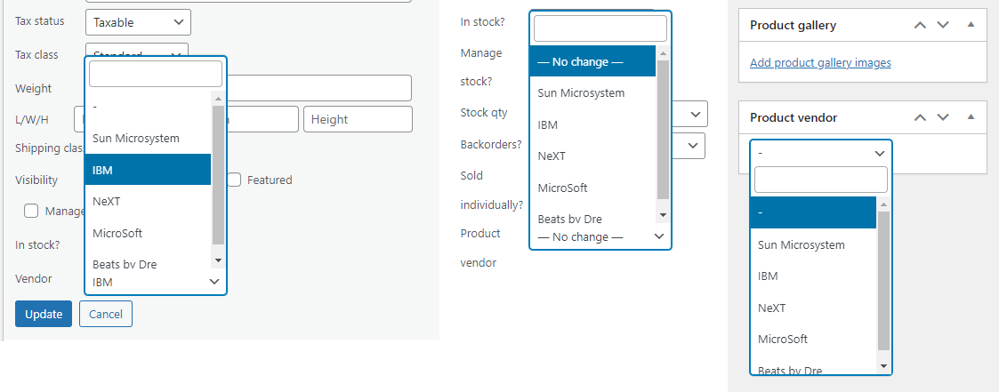 Assign vendor to products via quick edit, bulk edit or meta box inside edit product page.