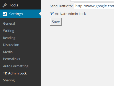 TD Admin Lock, nicely tucked in to your normal WP Settings menu.