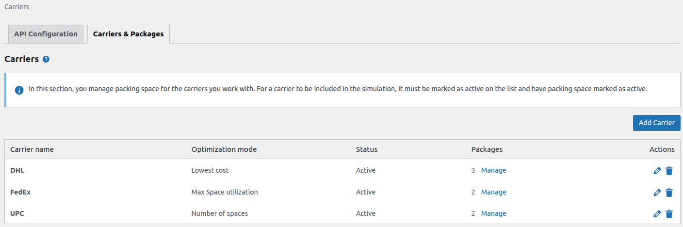 Carrier management screen with the list of configured carriers.