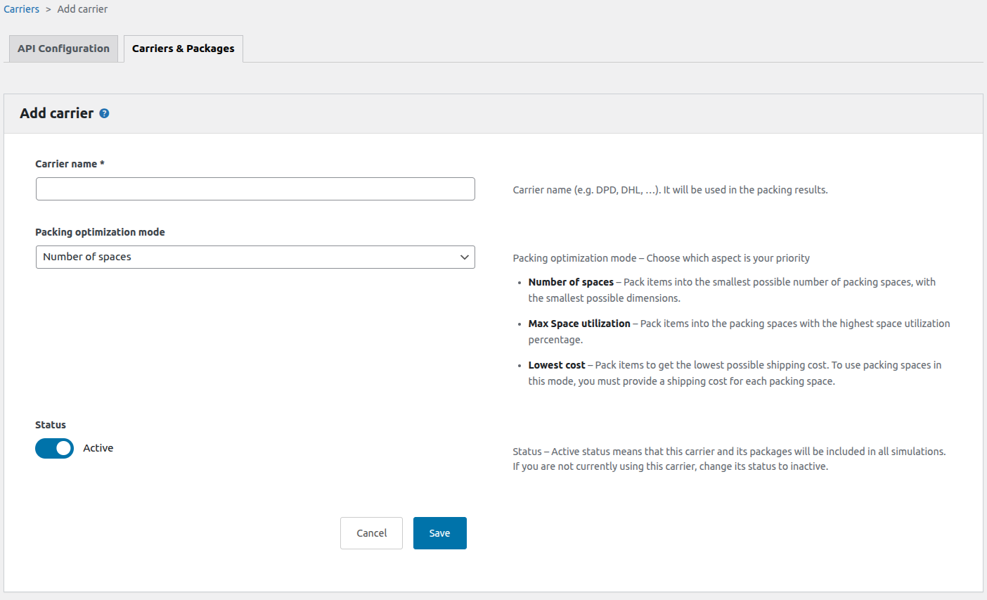 Carrier settings form with packing rules and optimization options.