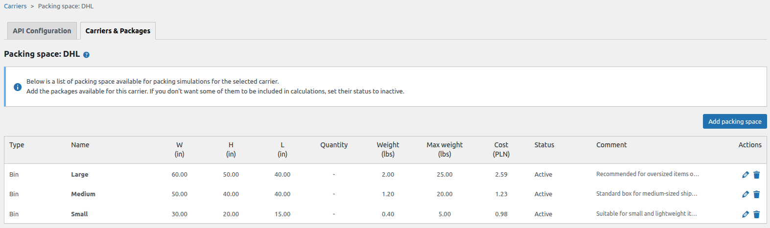 Packaging management screen with available boxes, pallets, and containers.