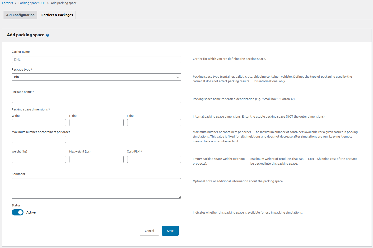 Packaging form for dimensions, weight limits, and cost settings.