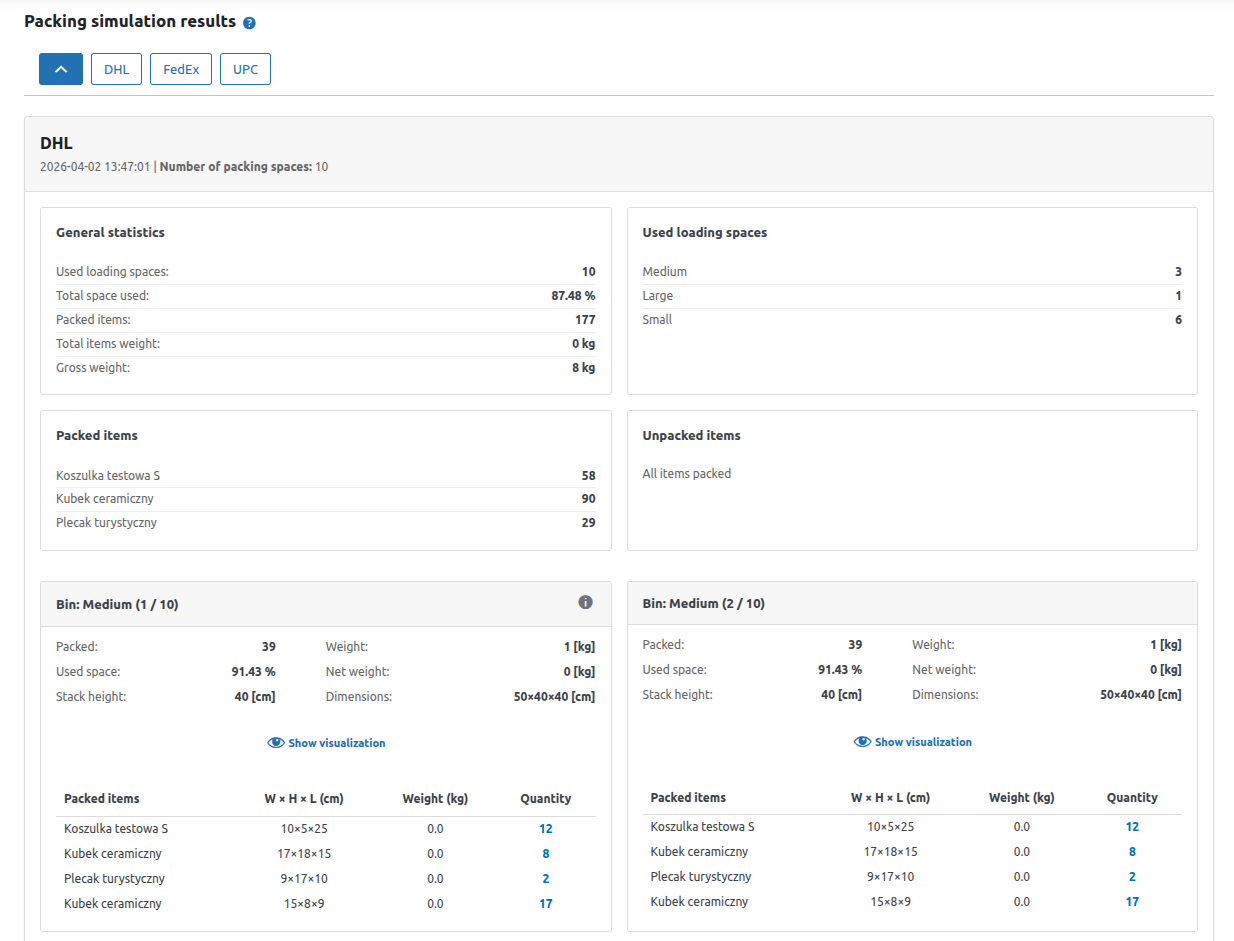 Packing simulation screen in the WooCommerce order admin.