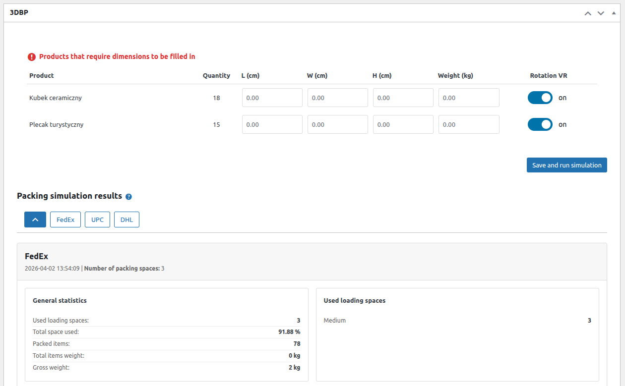 Dimensions input table for WooCommerce order items.
