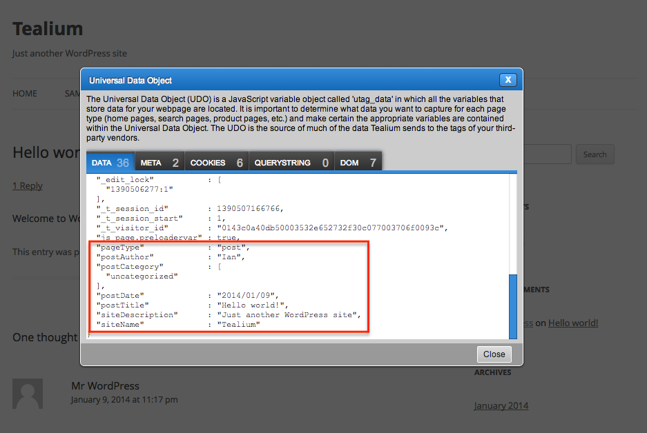 A data object is added to your site containing basic post or page data.