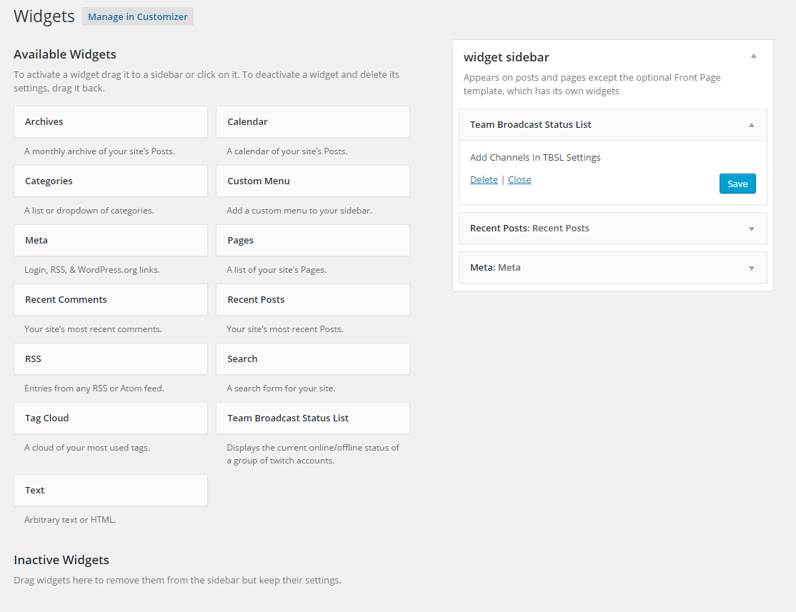 Admin widget menu
