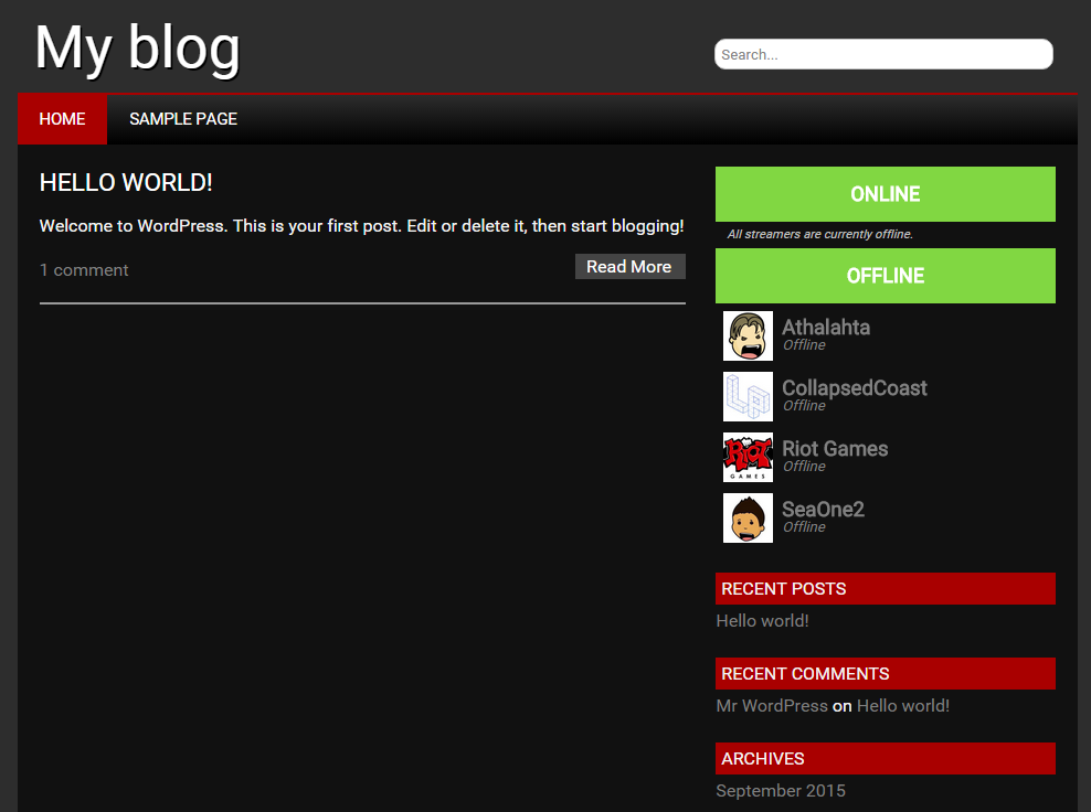 Front end view of twitch status list