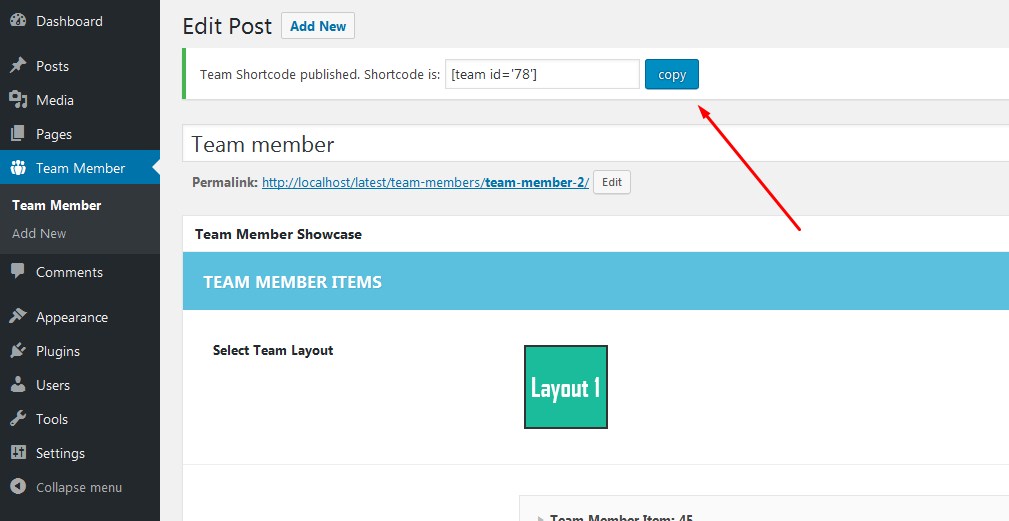 Copying Shortcode after publishing team member items