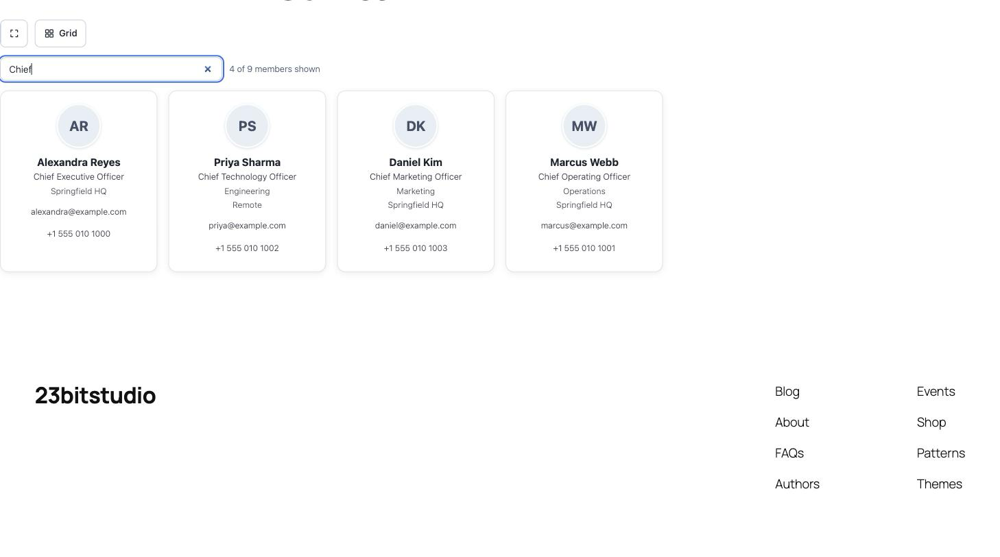 Card grid view with live filtering