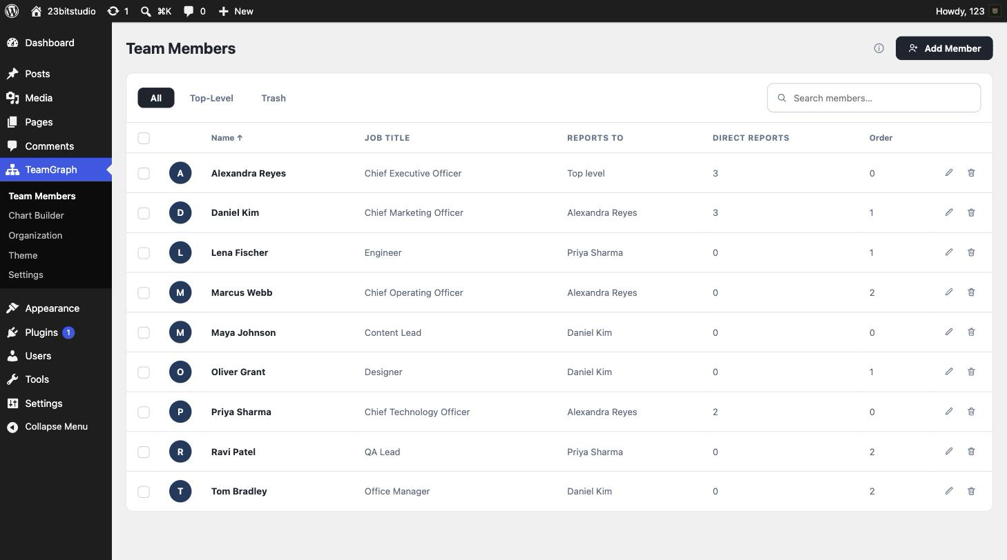 Team Members list with search and bulk actions