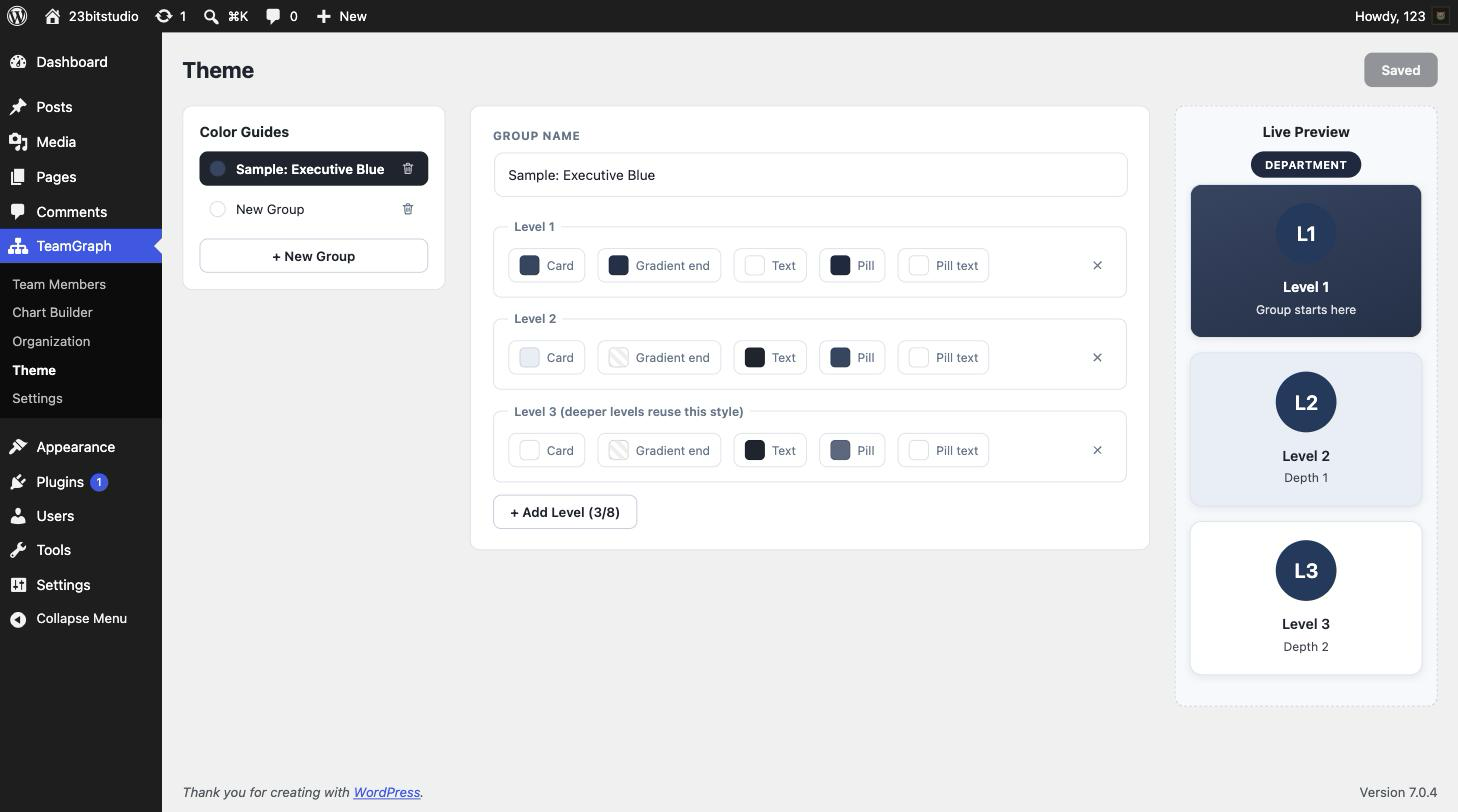 Theme color-guide editor with contrast warnings