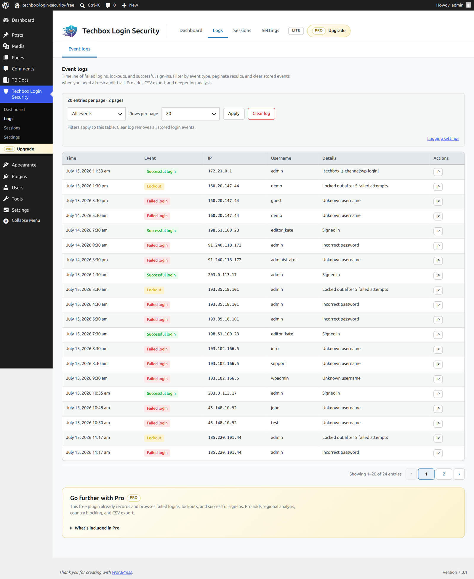 Activity log — browse and filter failed logins, lockouts, and successful sign-ins, with per-row IP actions.