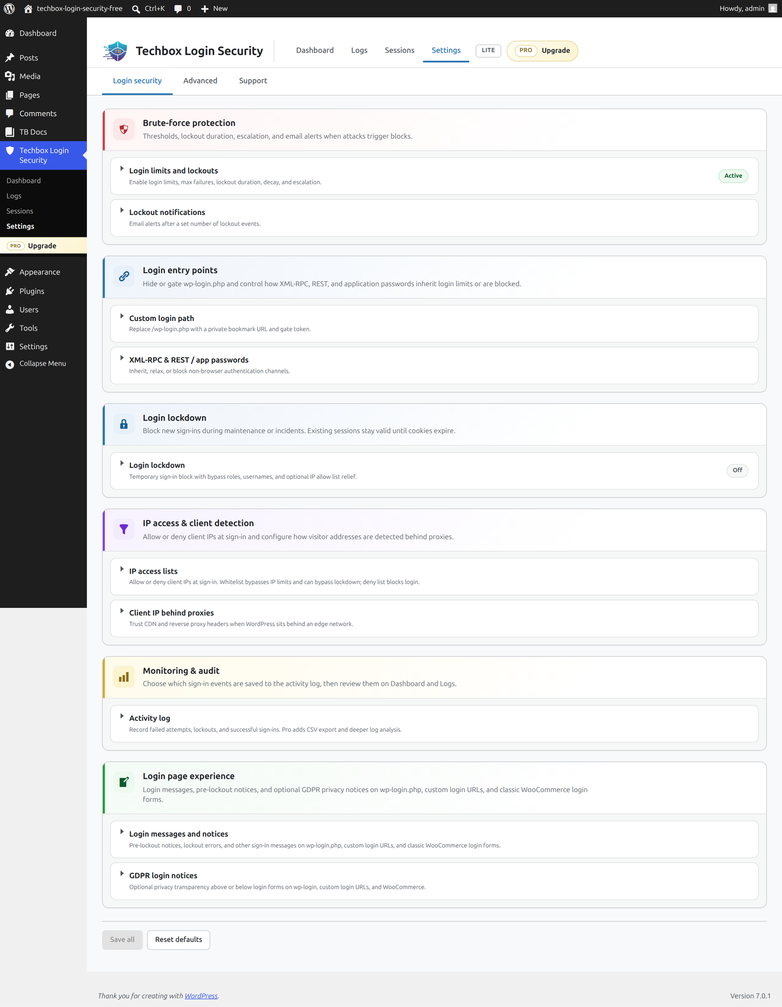 Settings — brute-force limits, login entry points, lockdown, IP access, activity logging, and login-page messaging.