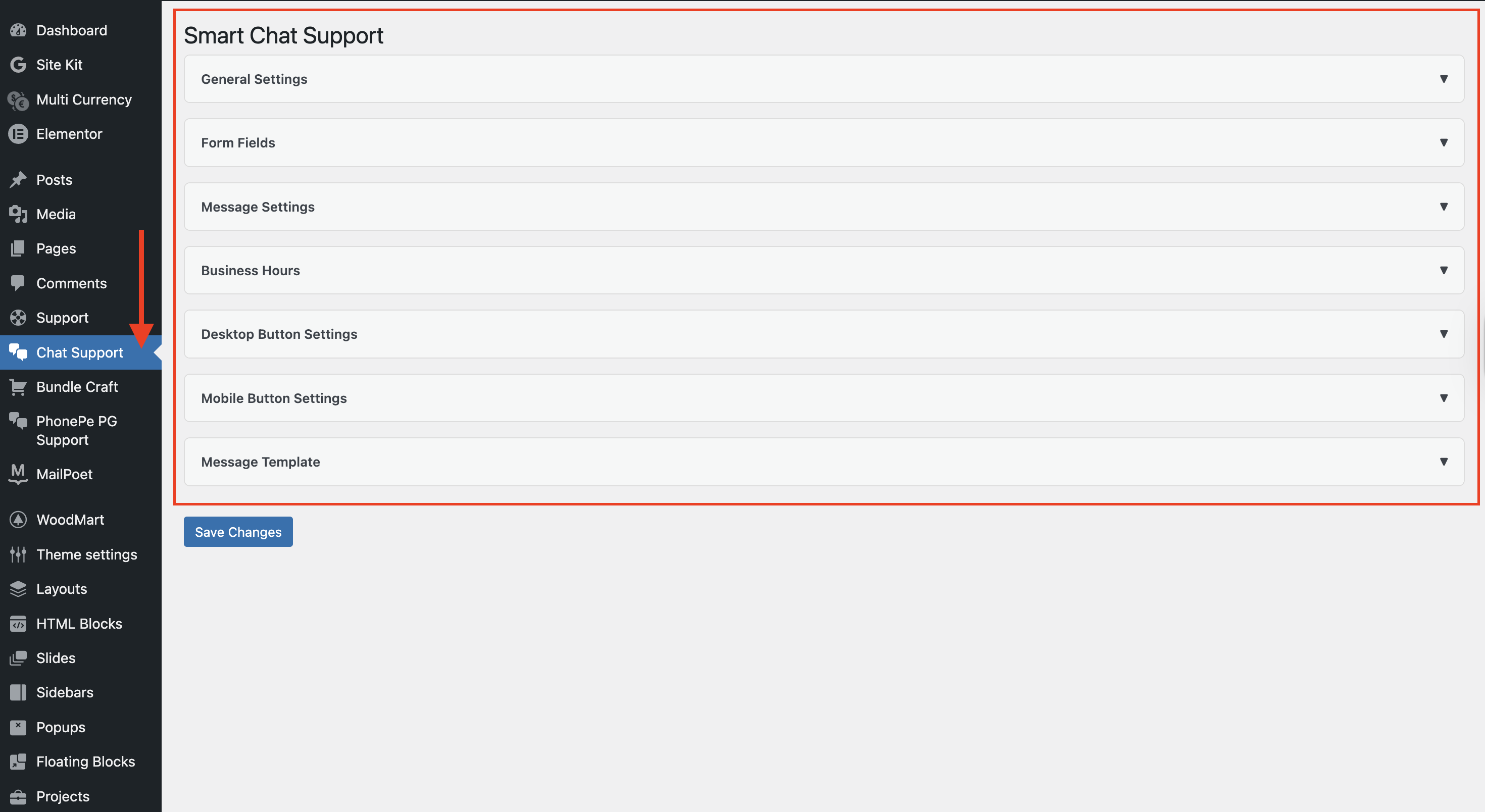 Admin settings panel
