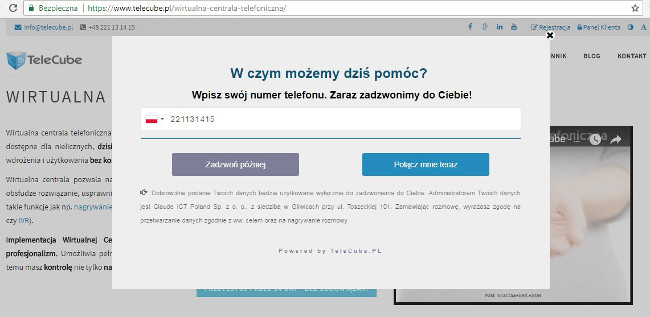 The RINGY modal encouraging the user to leave their telephone number