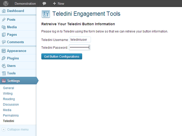 Teledini Engagment Tools Configuration Login.