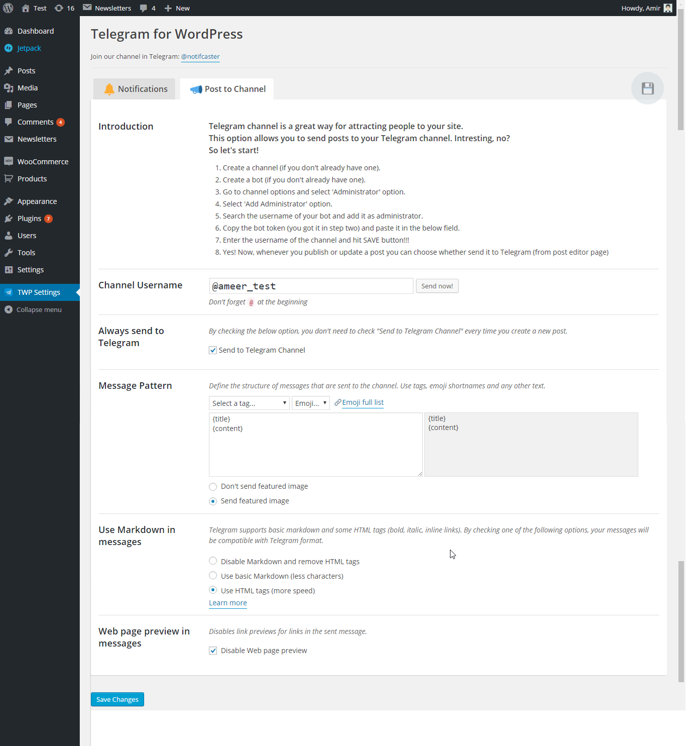 Telegram Channel Settings.