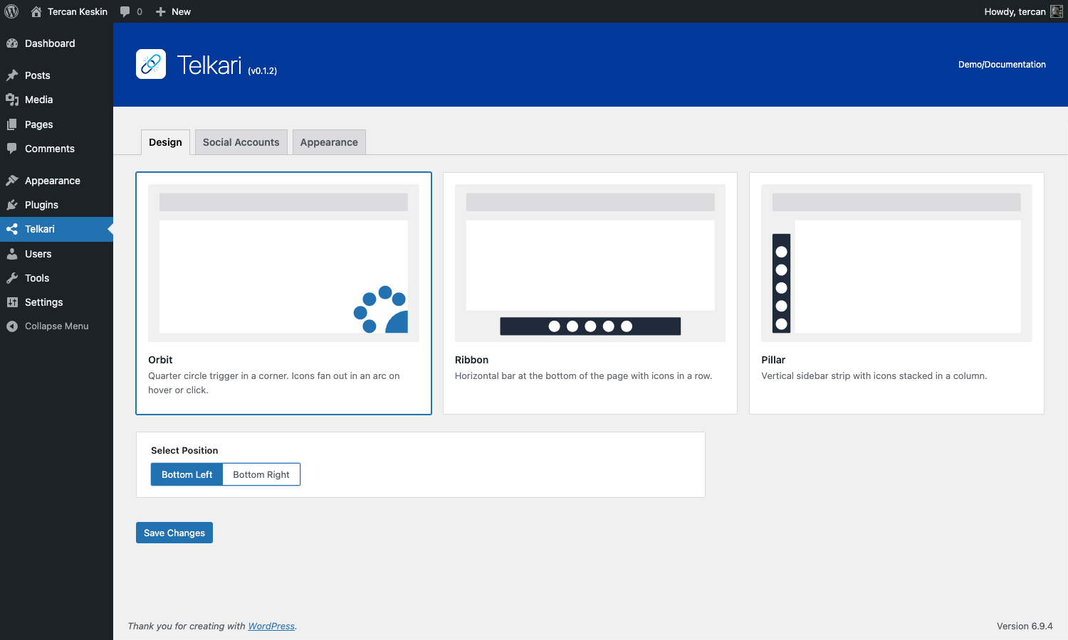 Design selection settings page with visual previews of Orbit, Ribbon, and Pillar layouts along with position selector.