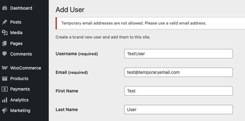 **WordPress Blocking** - Blocking a new user being created using a temporary email.