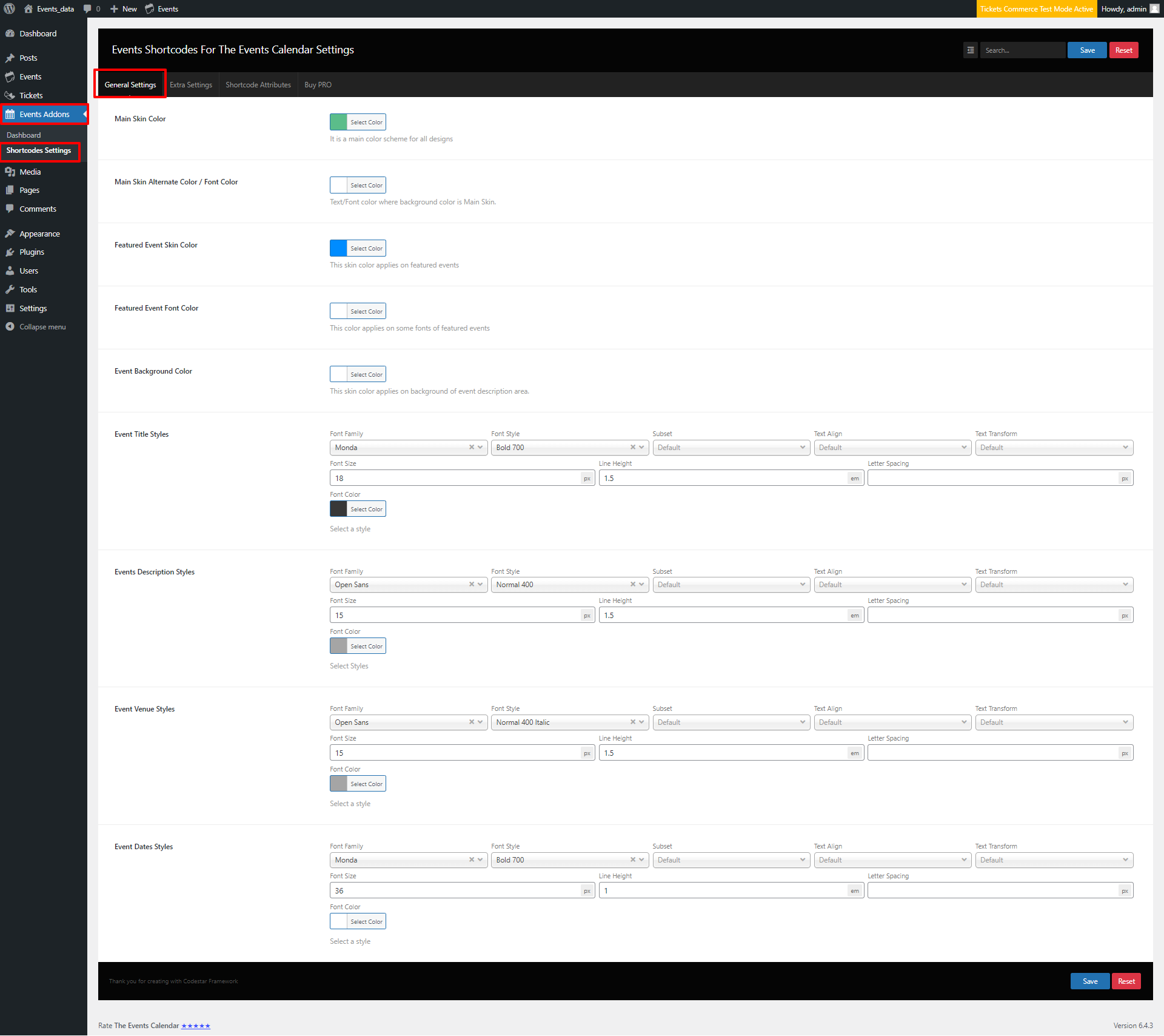 Events Shortcodes Settings Panel