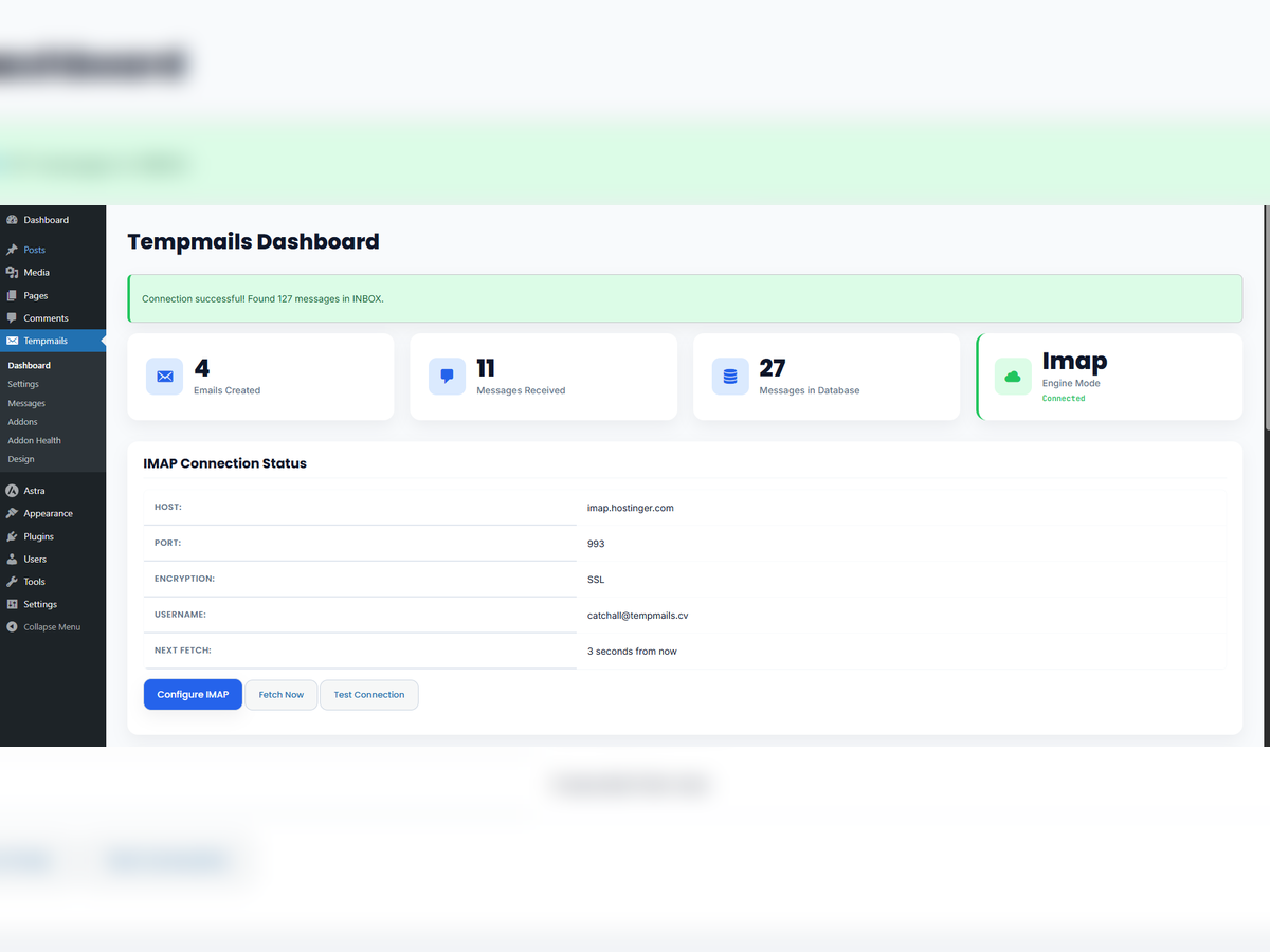 Admin dashboard — statistics cards, IMAP status, and quick action