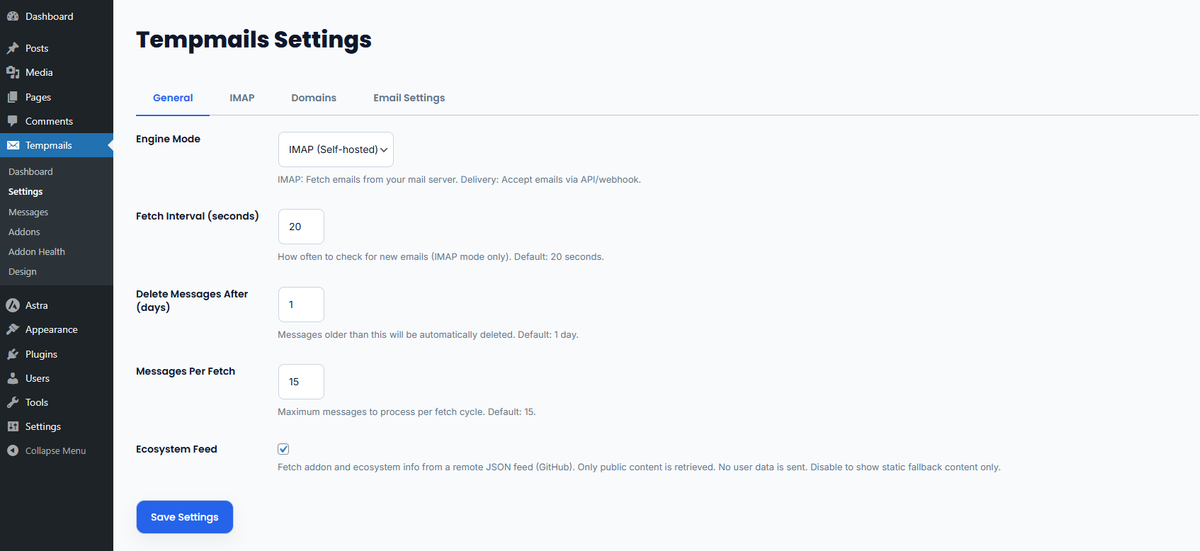 Settings — General tab with fetch interval and retention controls