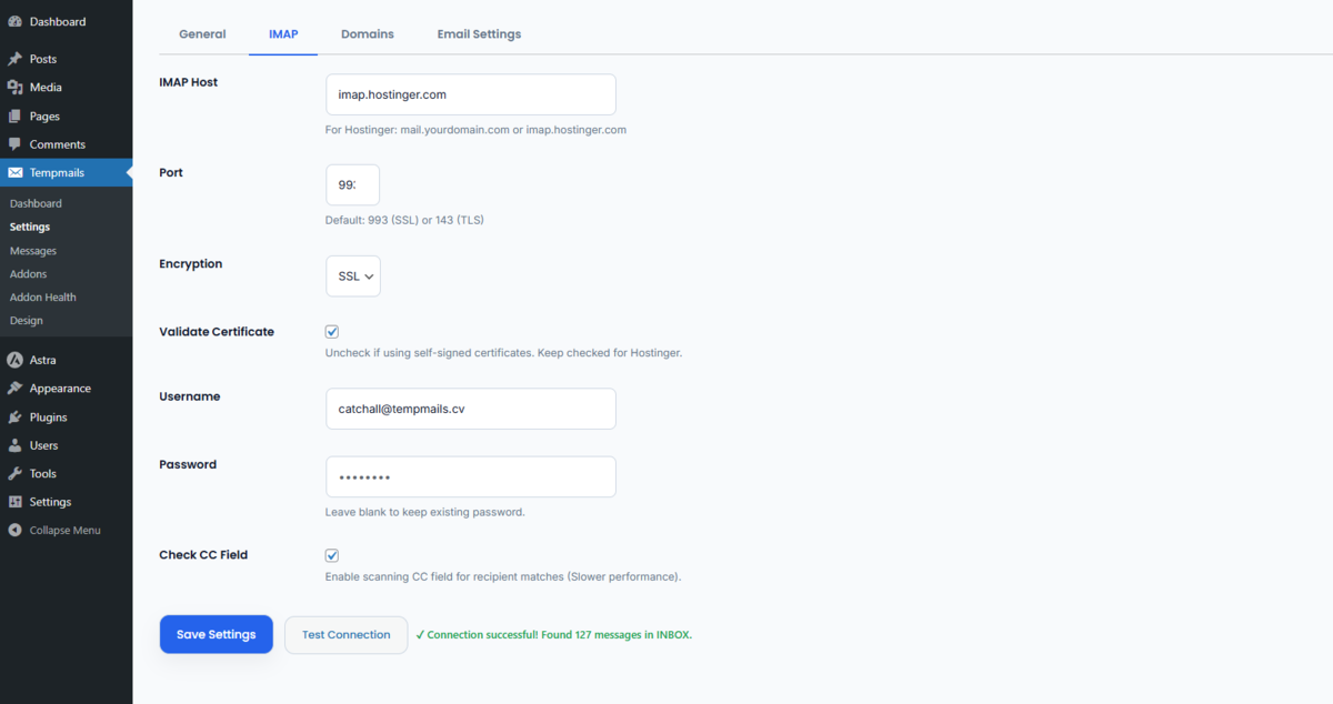 Settings — IMAP tab with connection credentials and live test button