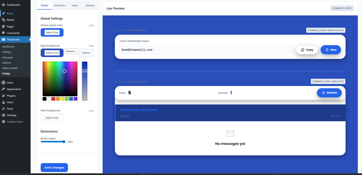 Design panel — live preview with color pickers and label customization
