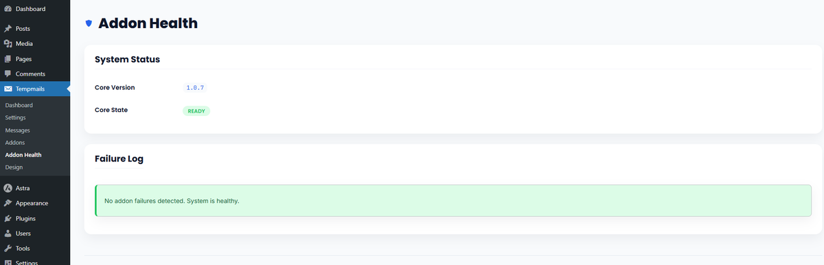 Addon Health page — per-addon error log and hook status