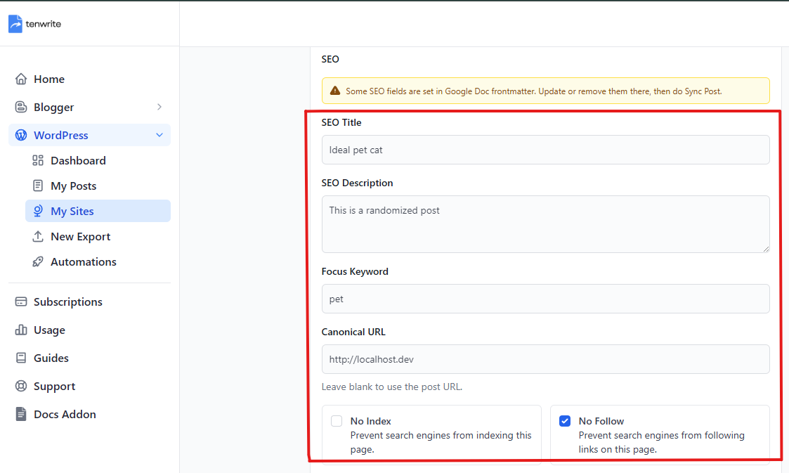 Set SEO fields in Tenwrite during export or post editing.