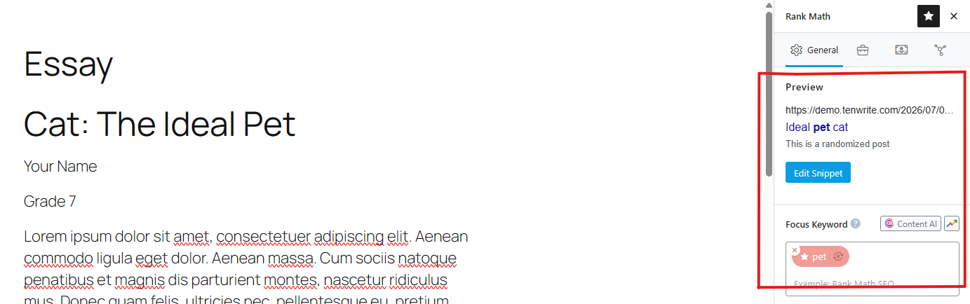 See Tenwrite SEO fields synced into Rank Math.