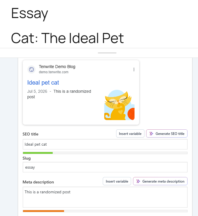 See Tenwrite SEO fields synced into Yoast SEO.