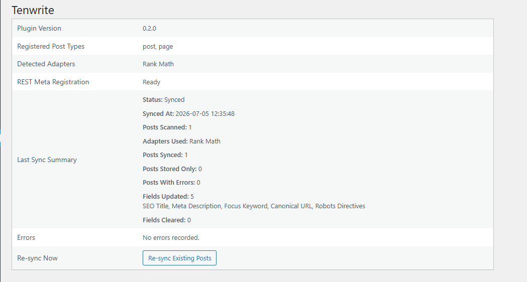 Use the diagnostics screen to confirm plugin status and review sync results.