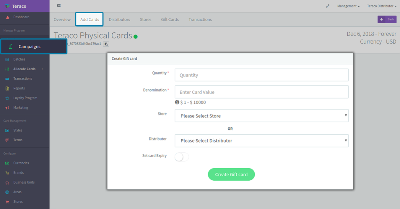 Create and download Gift Card codes from Teraco to send to your customers.