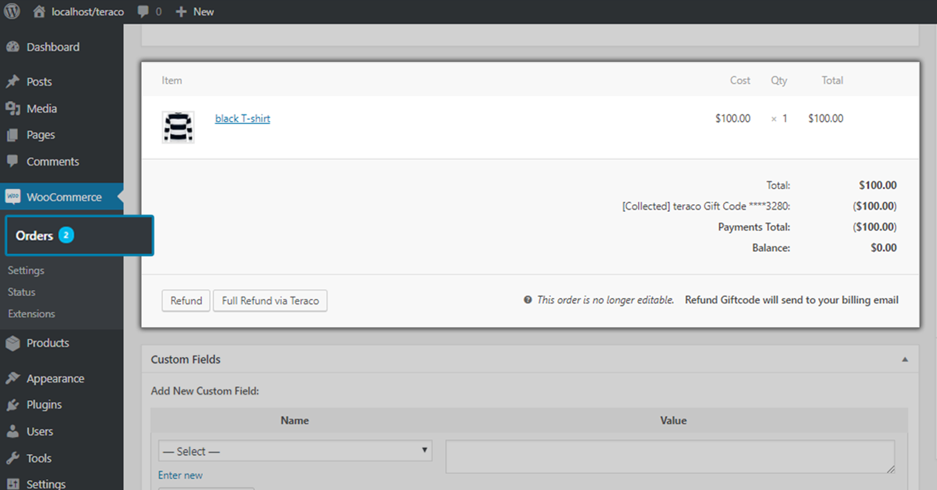 View Teraco Gift Card redemption details in your WordPress dashboard.