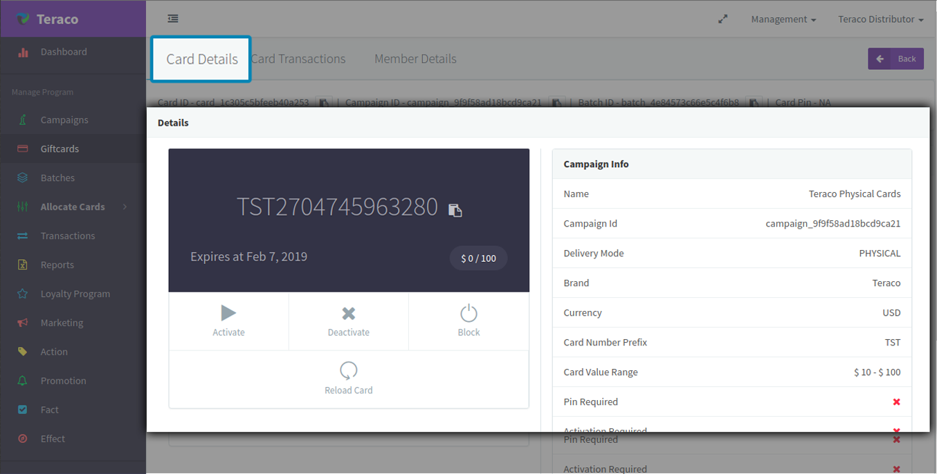Track individual card details and transactions in Teraco.
