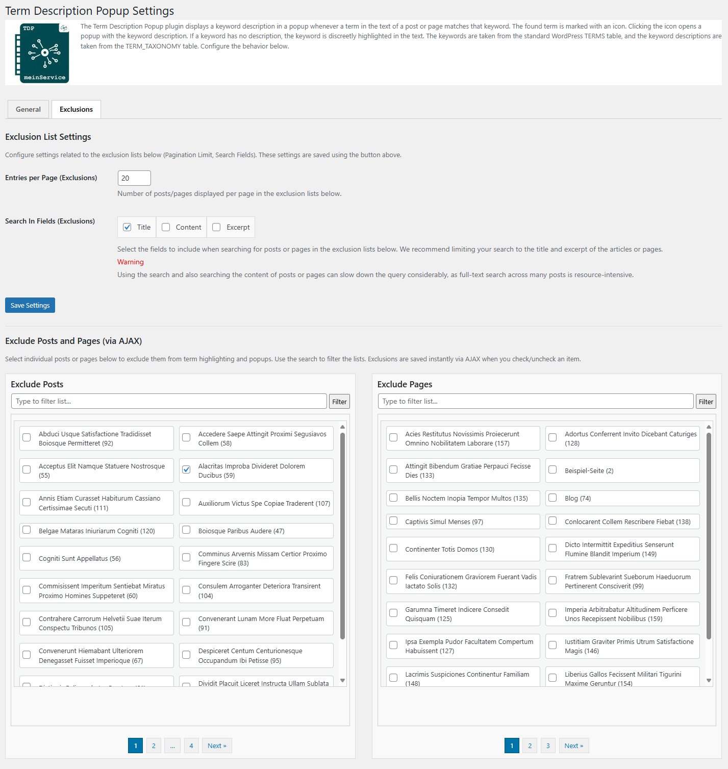 Administration panel exclusions tab