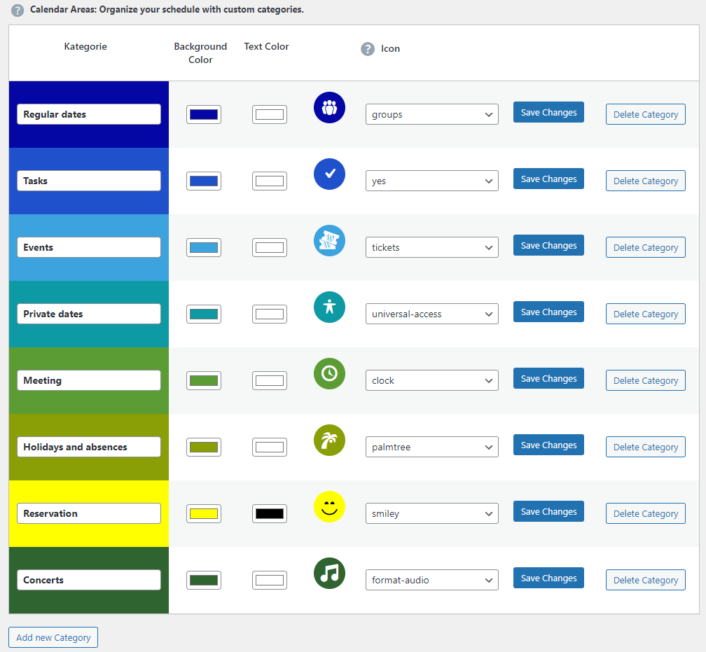 Categories: Remember, you can change the categories, including their colors and icons, to fit your needs. Click on the category list at the top of the calendar to go to the "easy Termin-Kalender" admin page for managing them.