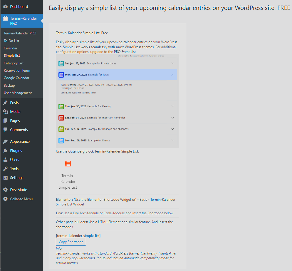 Gutenberg Block: display calendar entries as a list