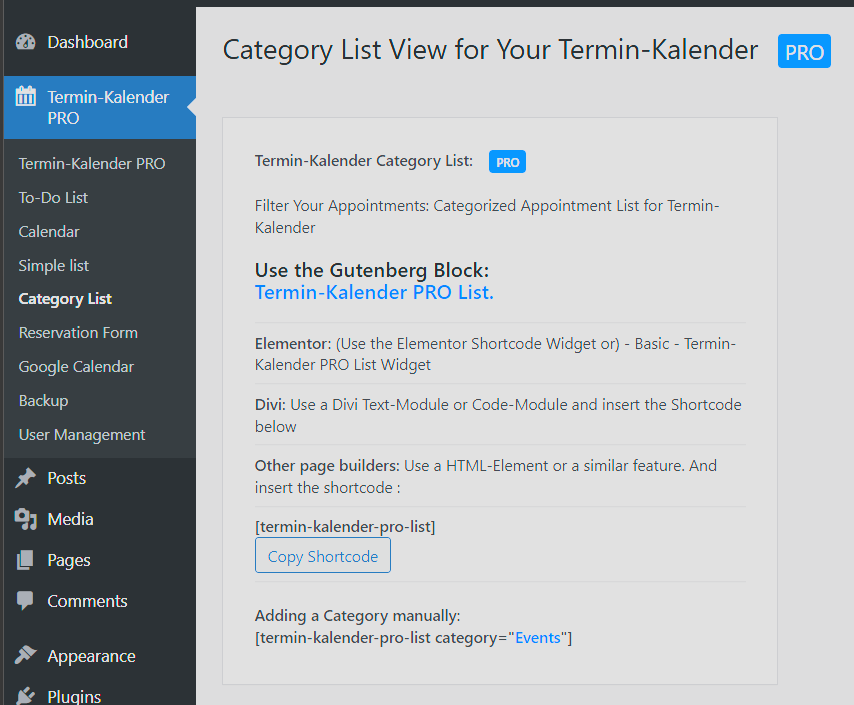 PRO Gutenberg Block: filter by category (e.g. appointments or events only)