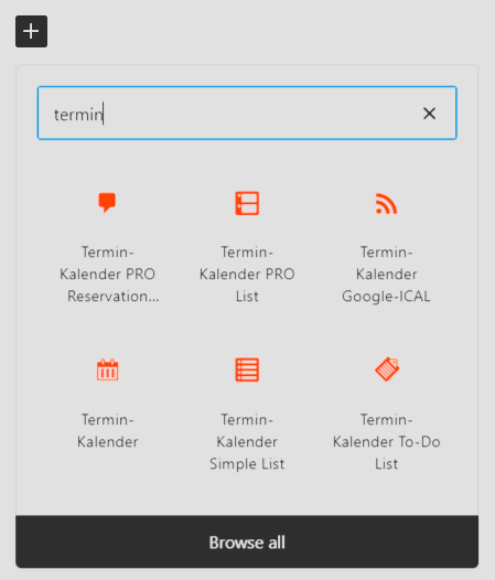 Gutenberg: search for “Termin” to find all calendar blocks