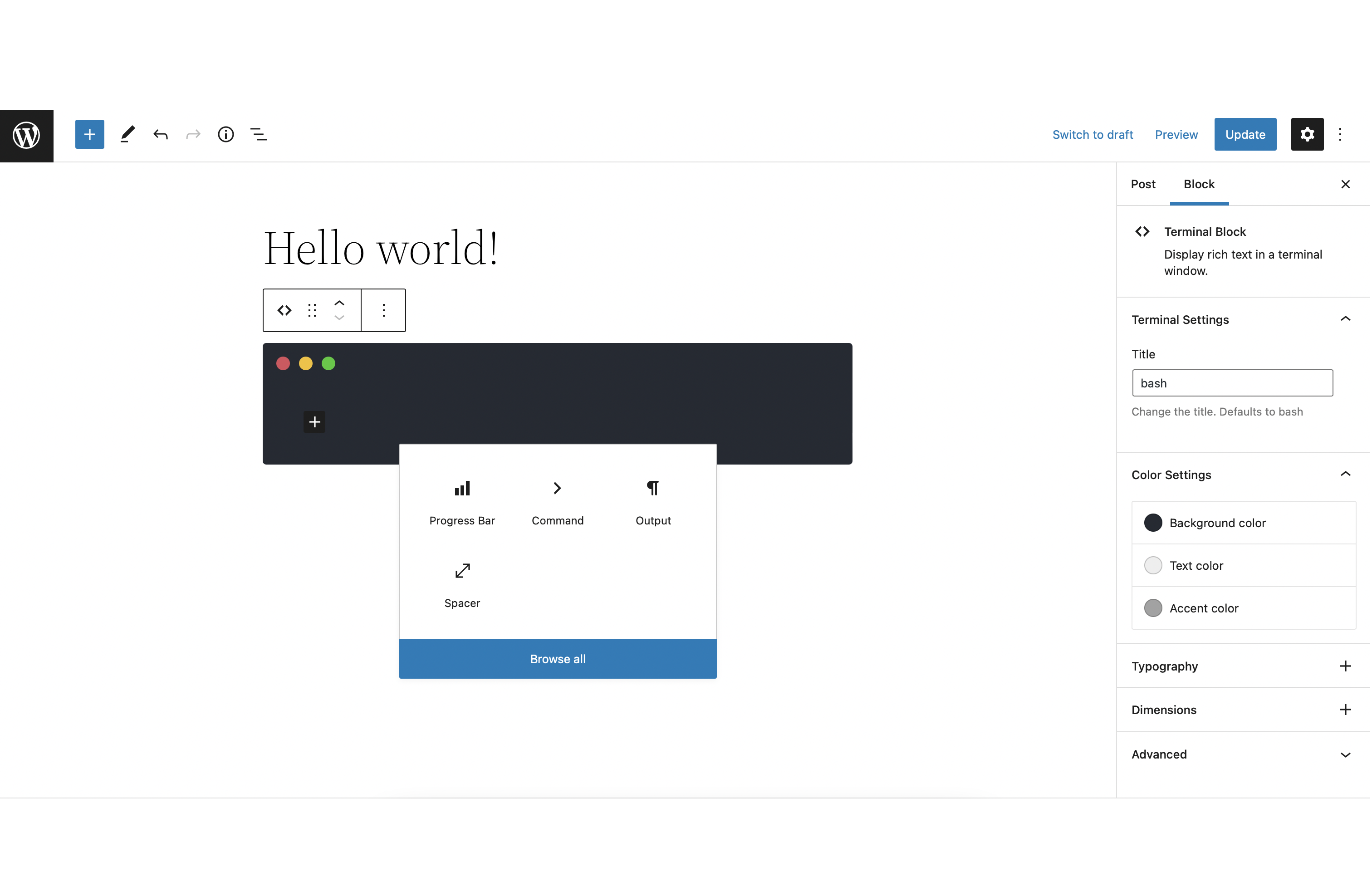You can change the terminal's title and colors in the block setting sidebar.