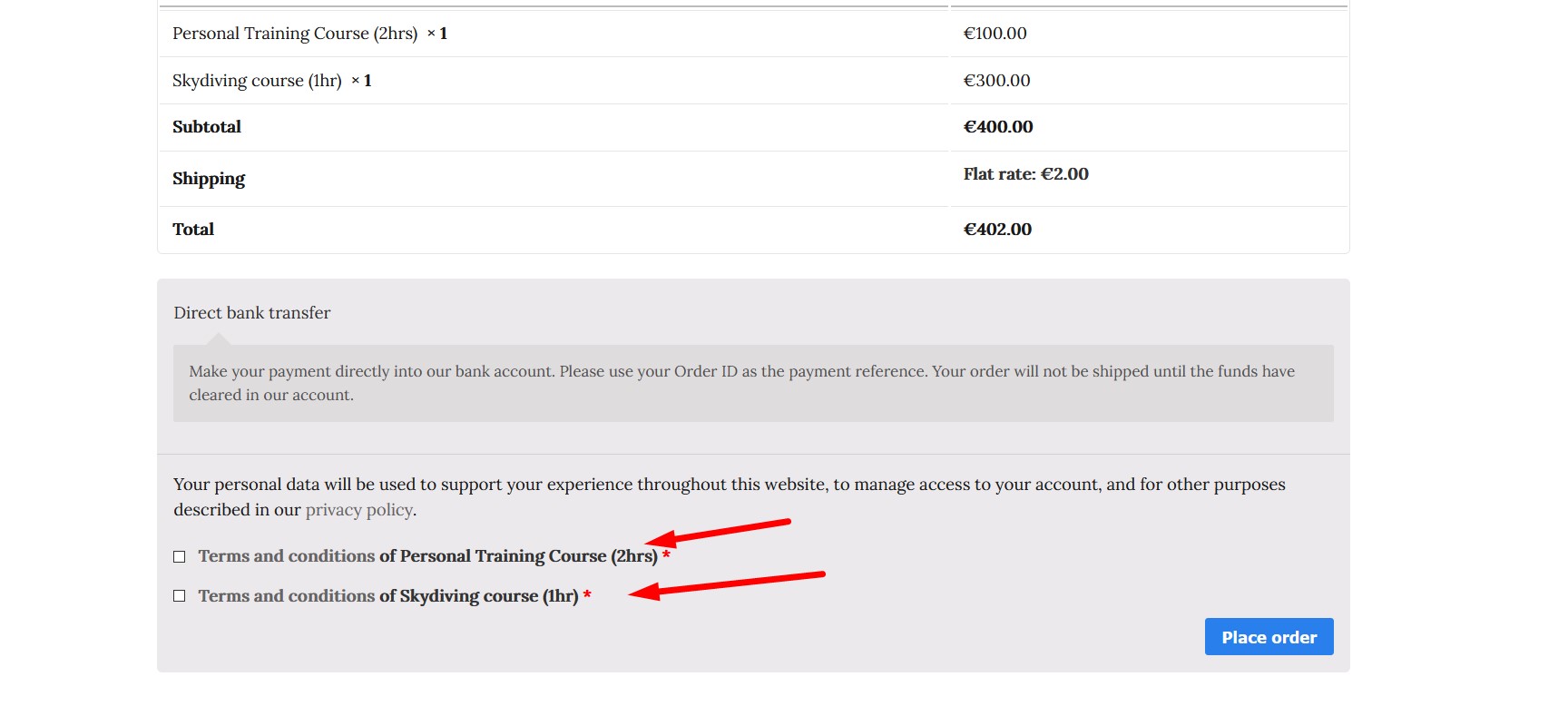 The added Terms and Condition checkbox on the Checkout page.