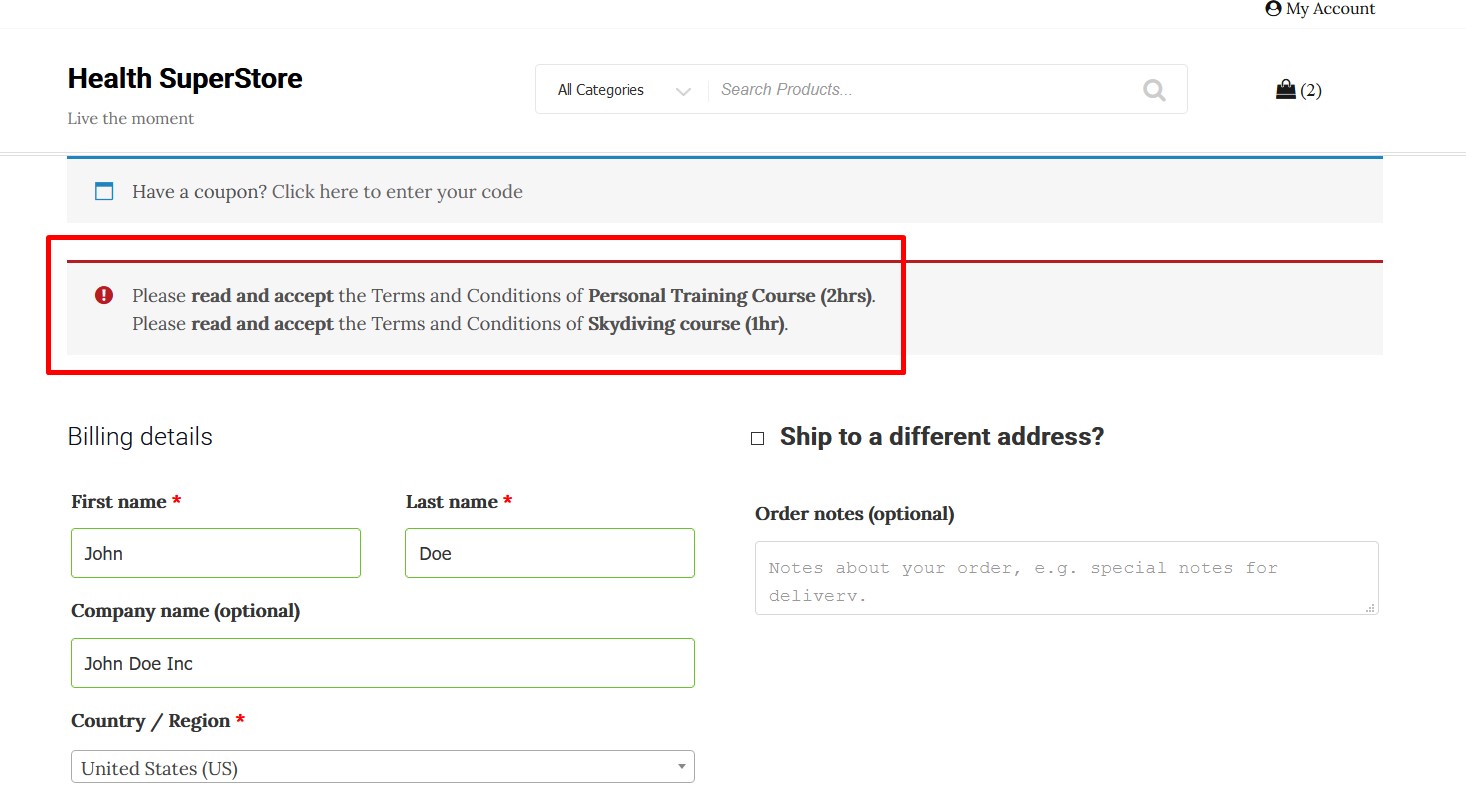 The error notice if the checkbox is not selected.