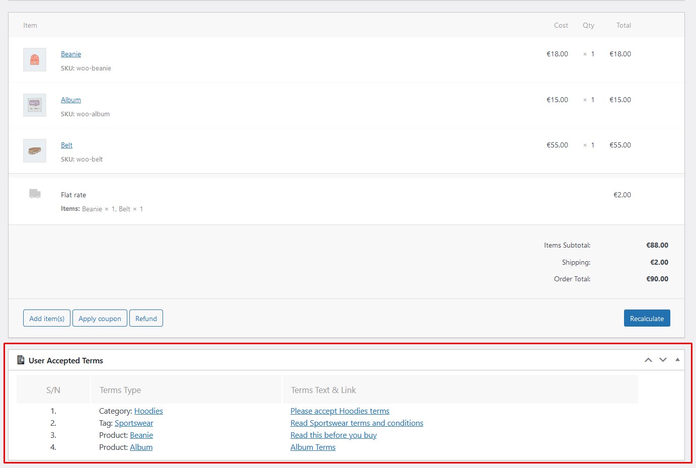User acceptance log in order details
