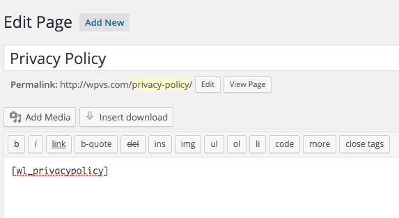 "Privacy Policy" shortcode in editor