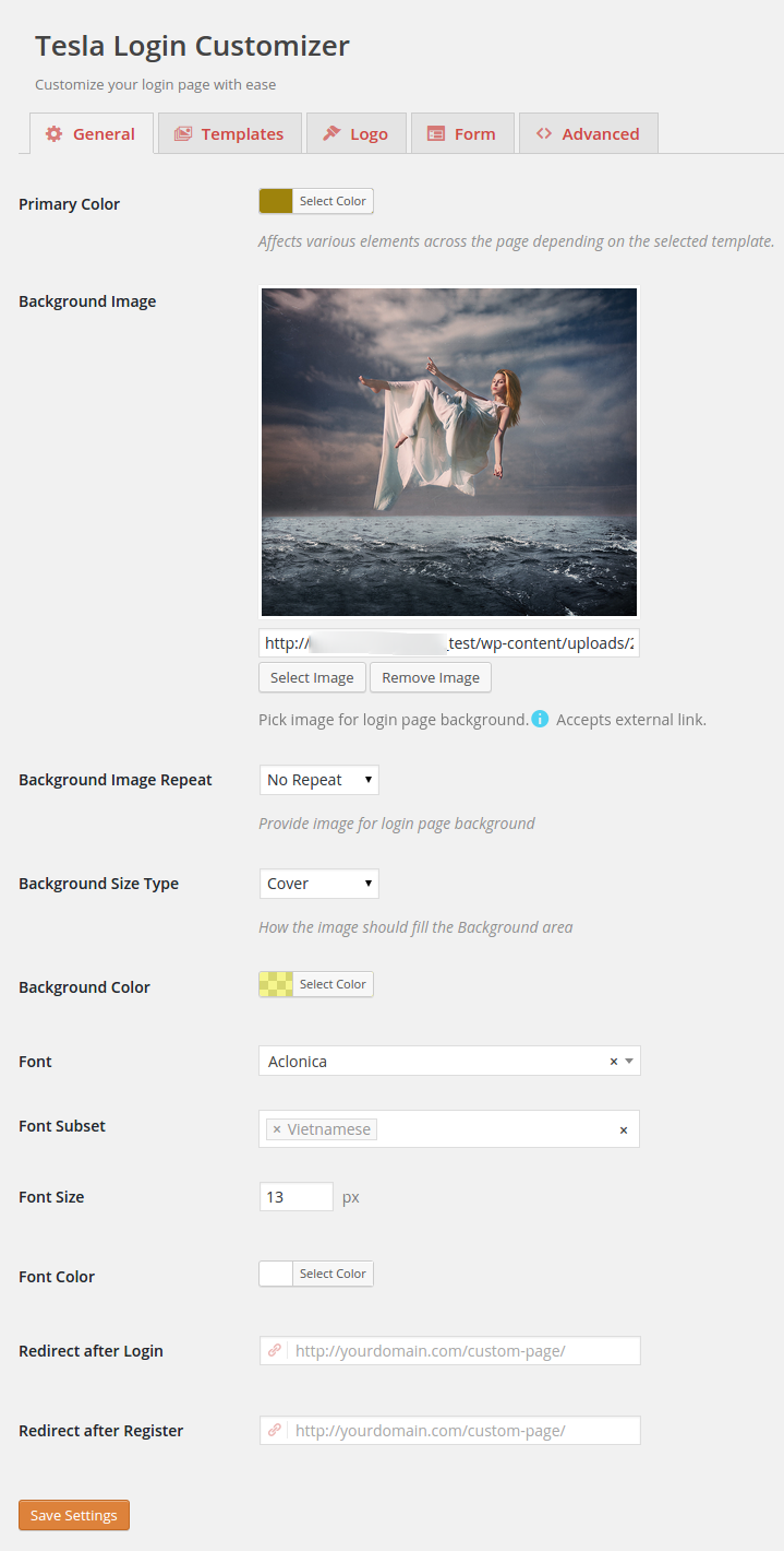 General Options of the plugin. Here you can customize the Primary color, background image etc.