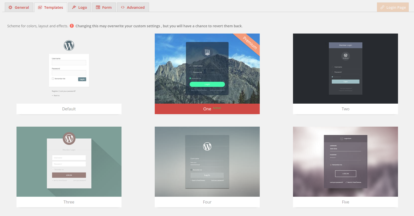 Template picker. Here, with one click, you can enable a pre-made theme, for the login page, from our designers. You can customize it by changing options in other tabs.